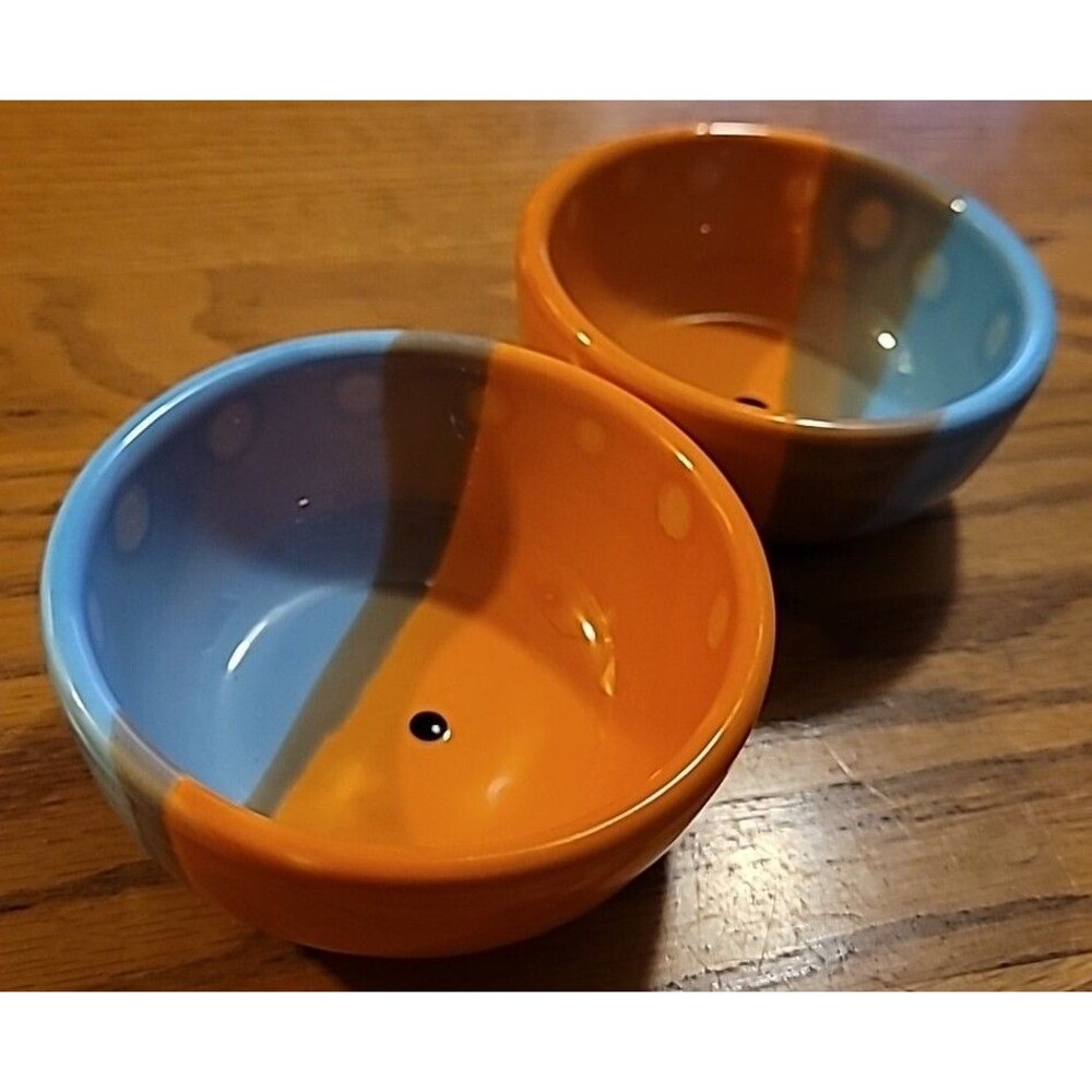 Italian Bowl Pottery Art Sauce Dip Decor Signed Orange Blue 3 7/8" Set Of 2